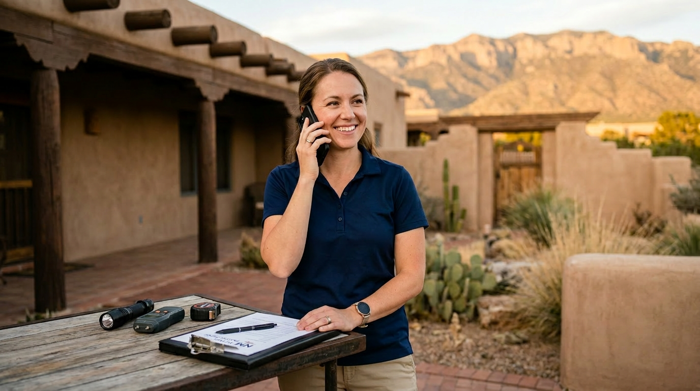 Professional home inspector at a New Mexico property during golden hour