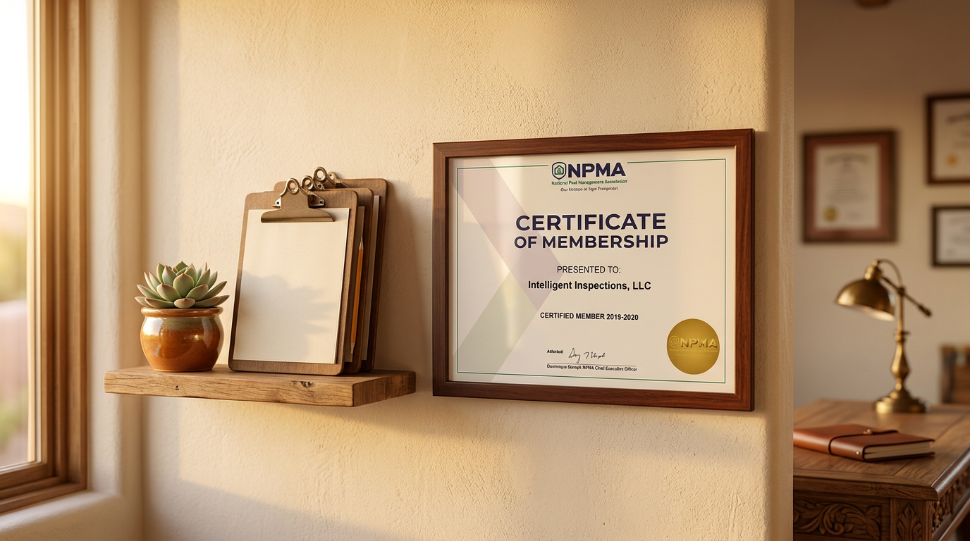 Framed NPMA Certificate of Membership for Intelligent Inspections, LLC on a warm adobe wall
